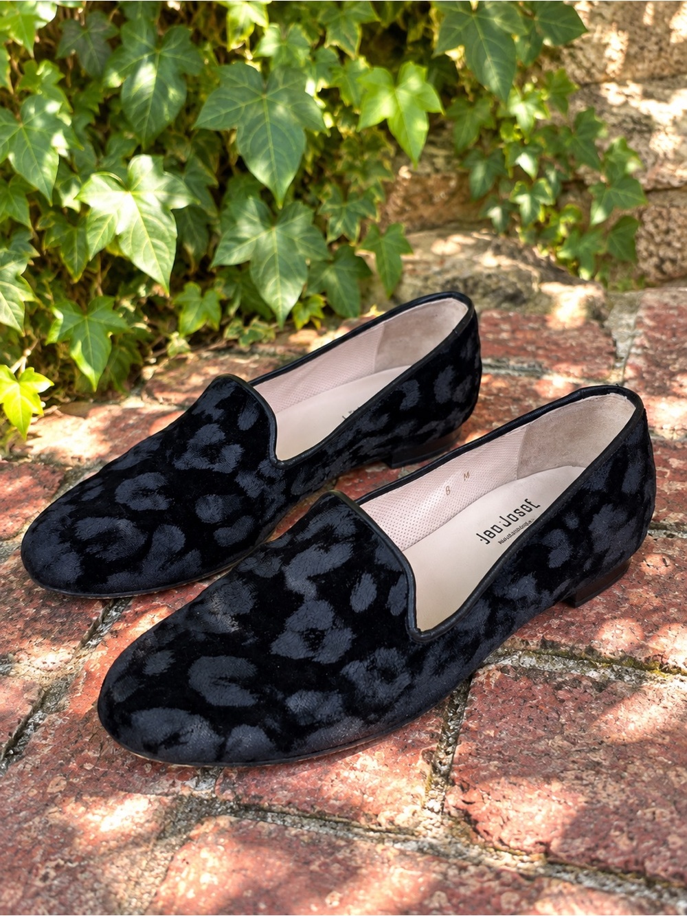 JON JOSEF Quiet Luxury Black Leopard Velvet and Leather Smoking Slippers, 8